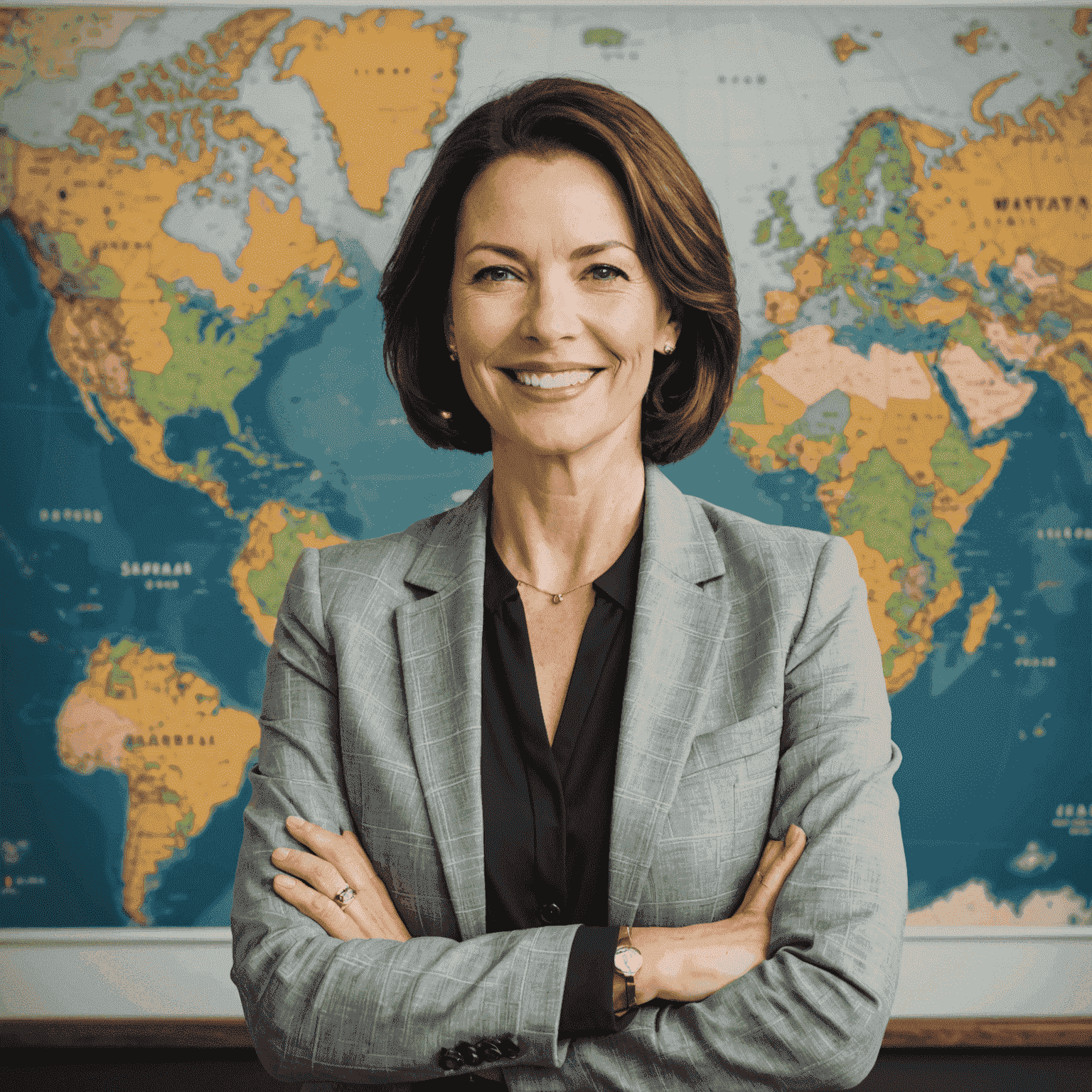 Jane Doe, Founder and Lead Travel Curator of 1win Travel, smiling confidently in a professional attire against a backdrop of a world map