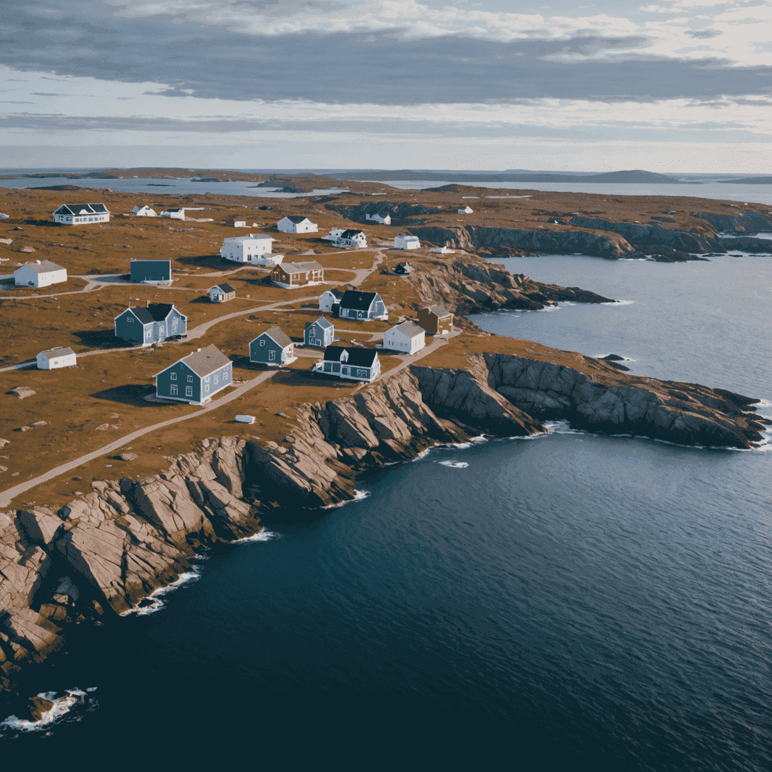 Aerial view of Fogo Island with its rugged coastline, colorful houses, and the modern architecture of Fogo Island Inn contrasting with the natural landscape