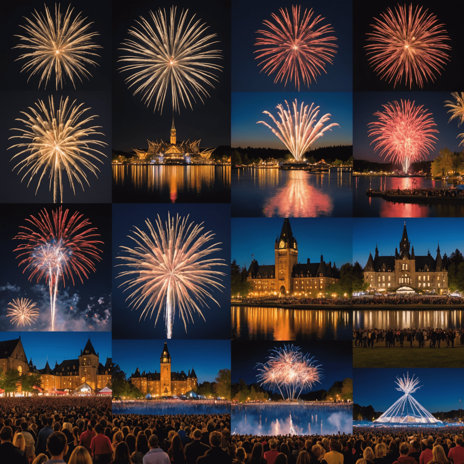 Collage of various Canadian festivals showcasing fireworks, cultural performances, and seasonal celebrations