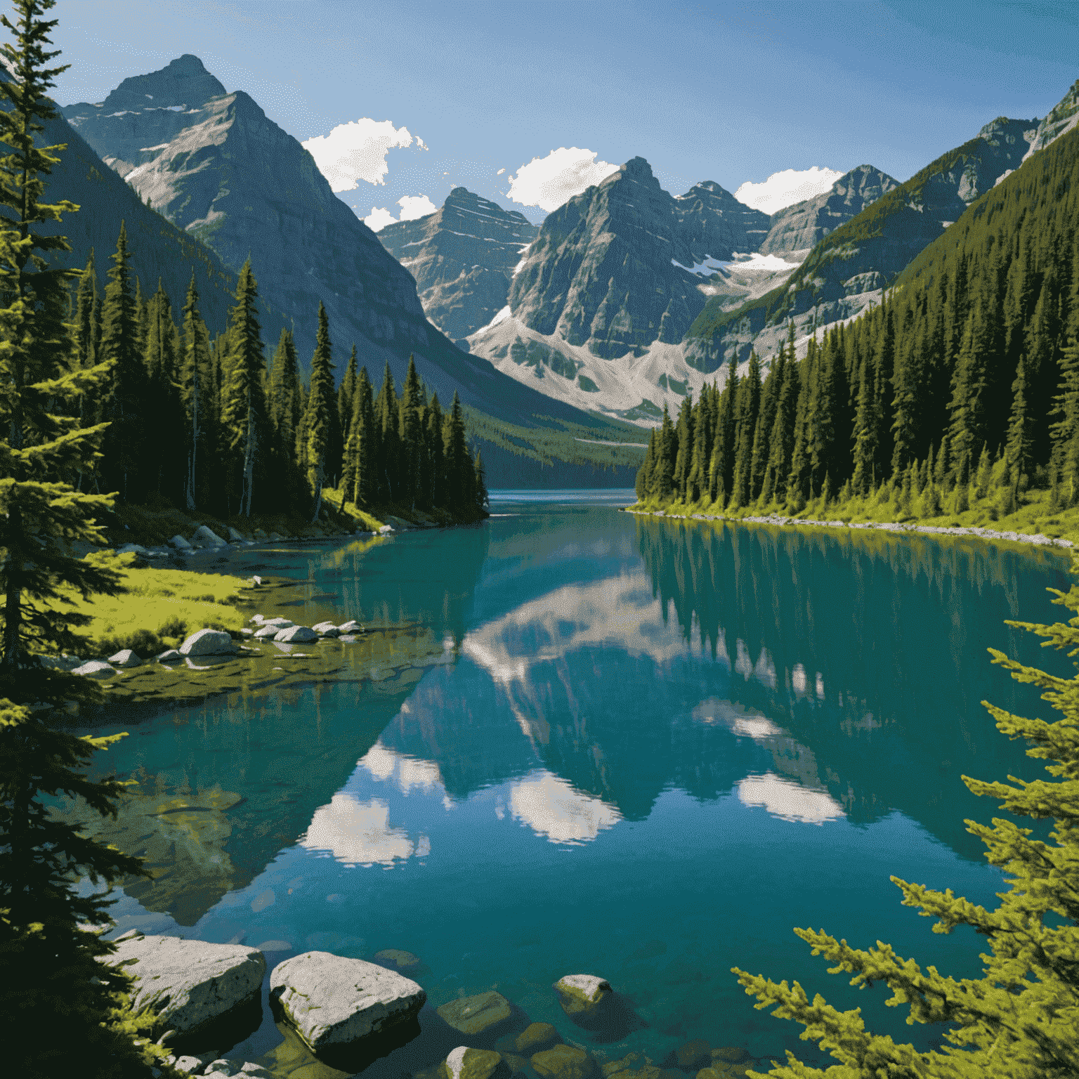 Scenic view of a pristine Canadian landscape with mountains, forests, and a clear lake, emphasizing the natural beauty that eco-friendly tourism aims to preserve