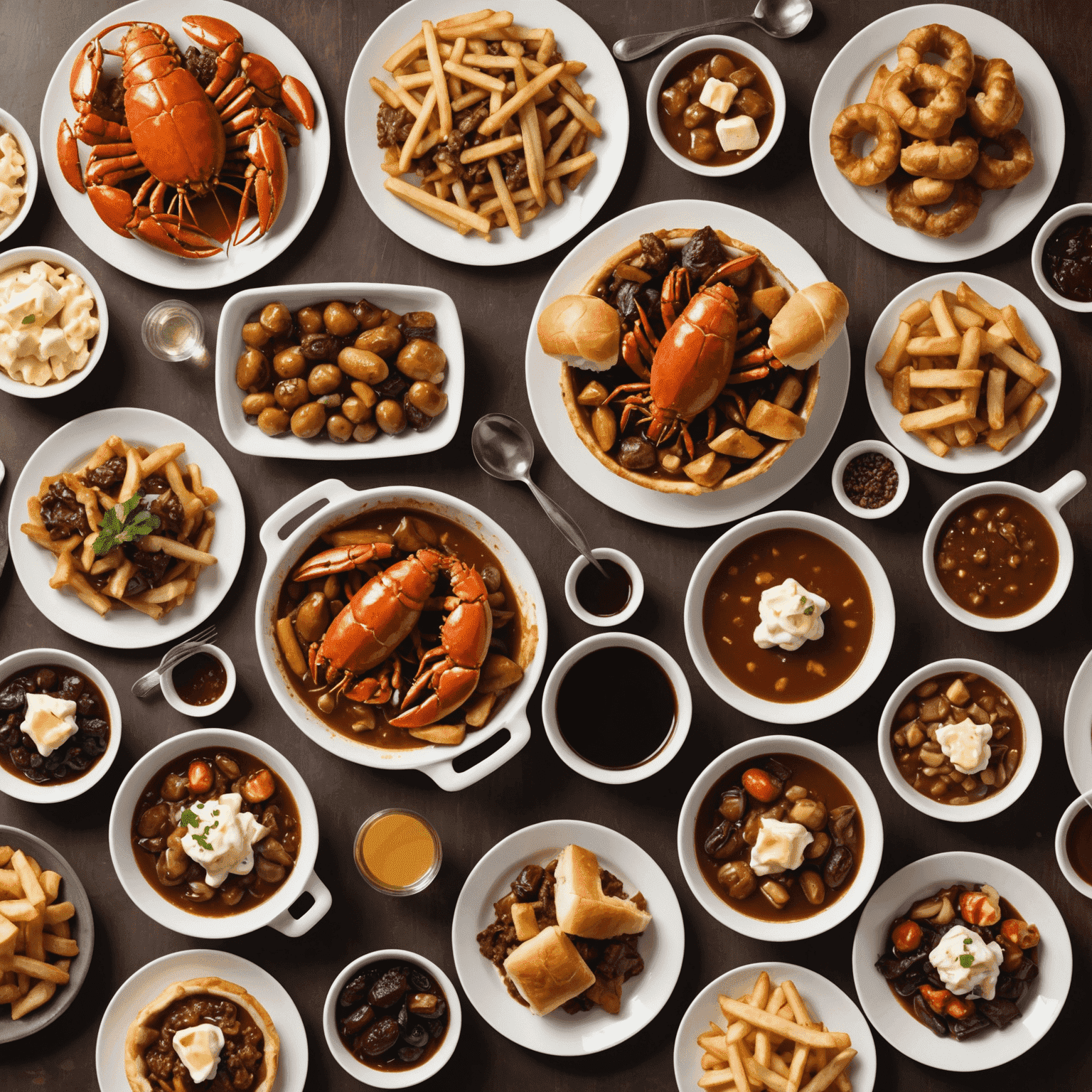 A collage of various Canadian regional dishes including poutine, butter tarts, and Atlantic lobster