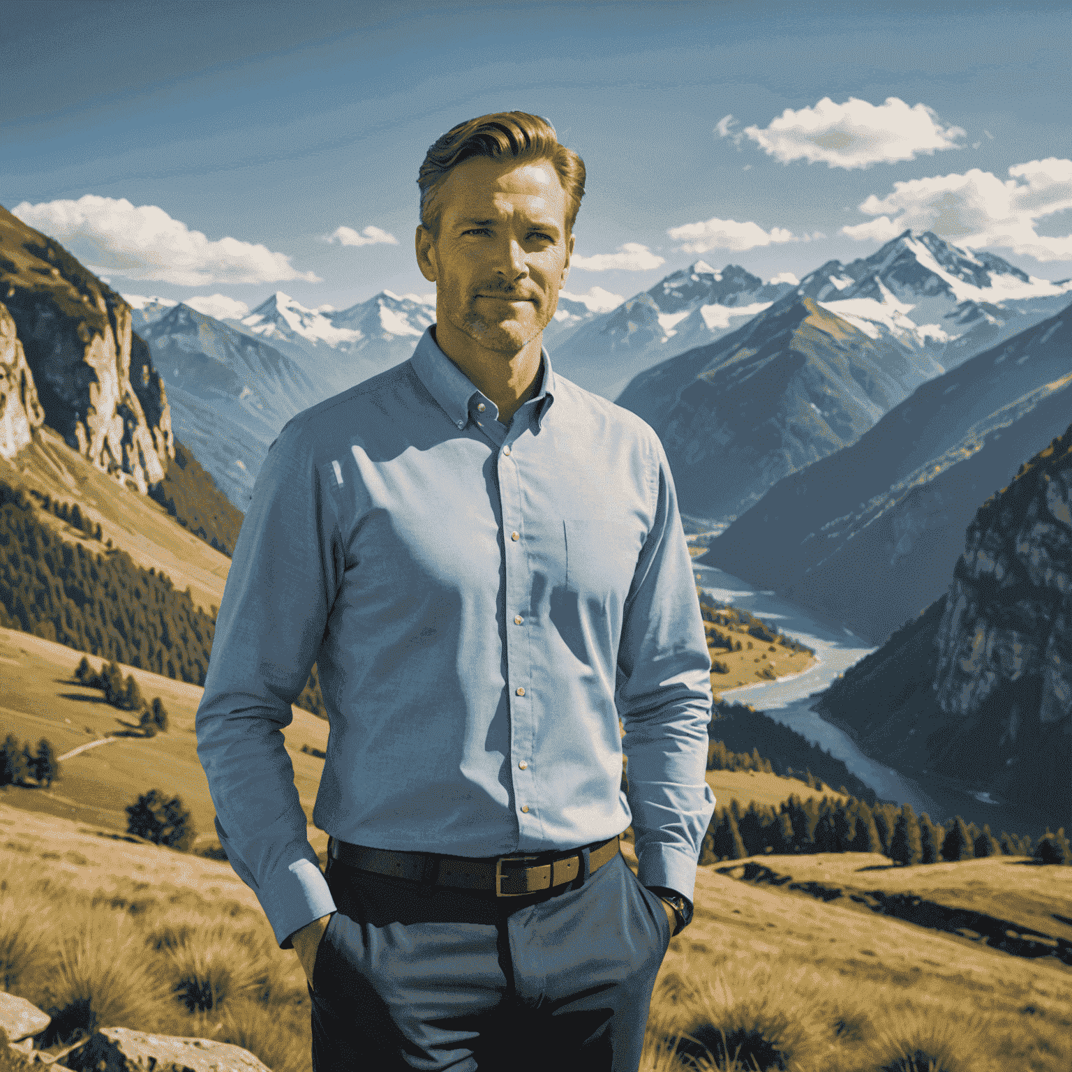 John Smith, Head of Operations at 1win Travel, wearing a casual business outfit and standing in front of a scenic mountain landscape