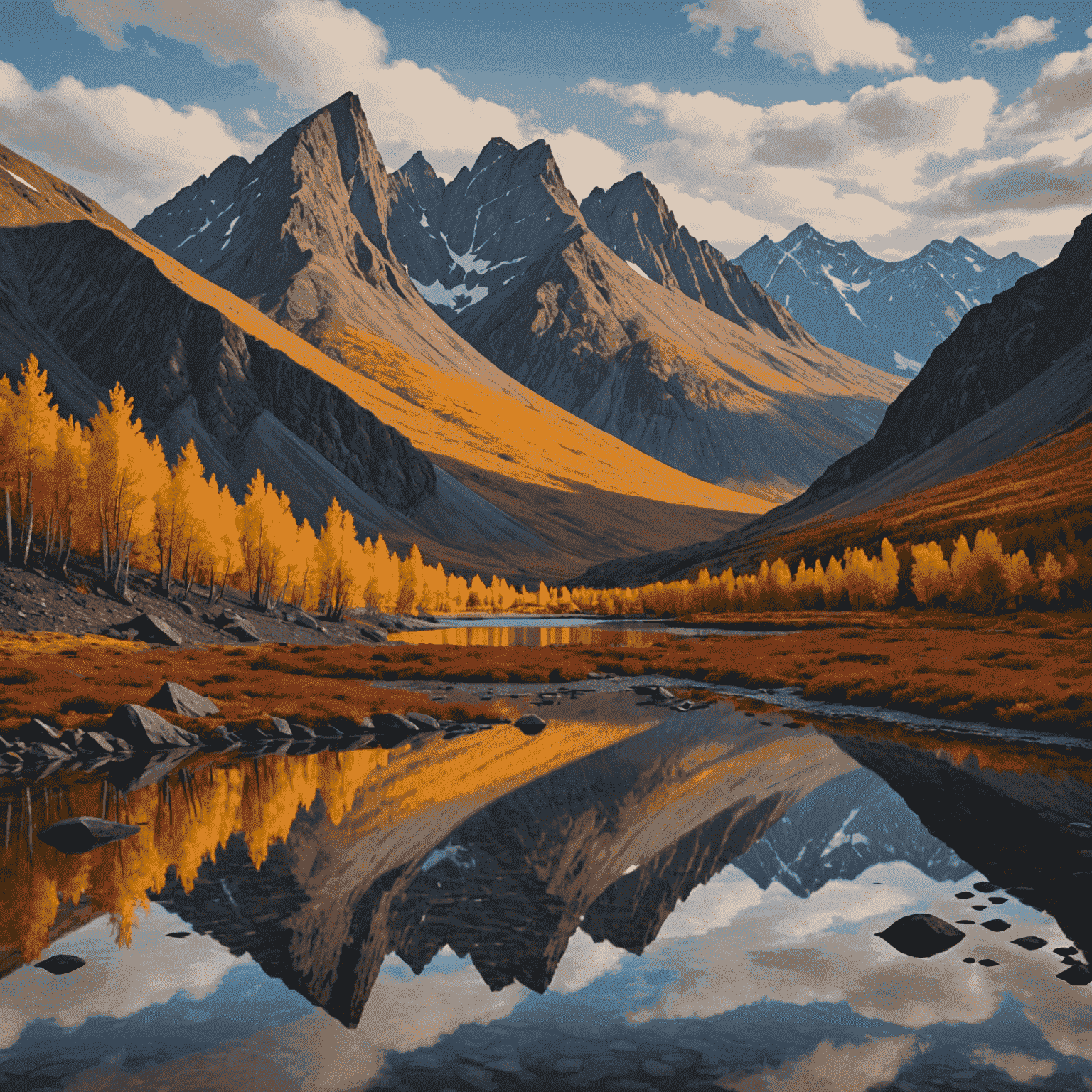 Dramatic landscape of Tombstone Territorial Park with jagged mountain peaks, vibrant fall colors, and a serene alpine lake reflecting the scenery