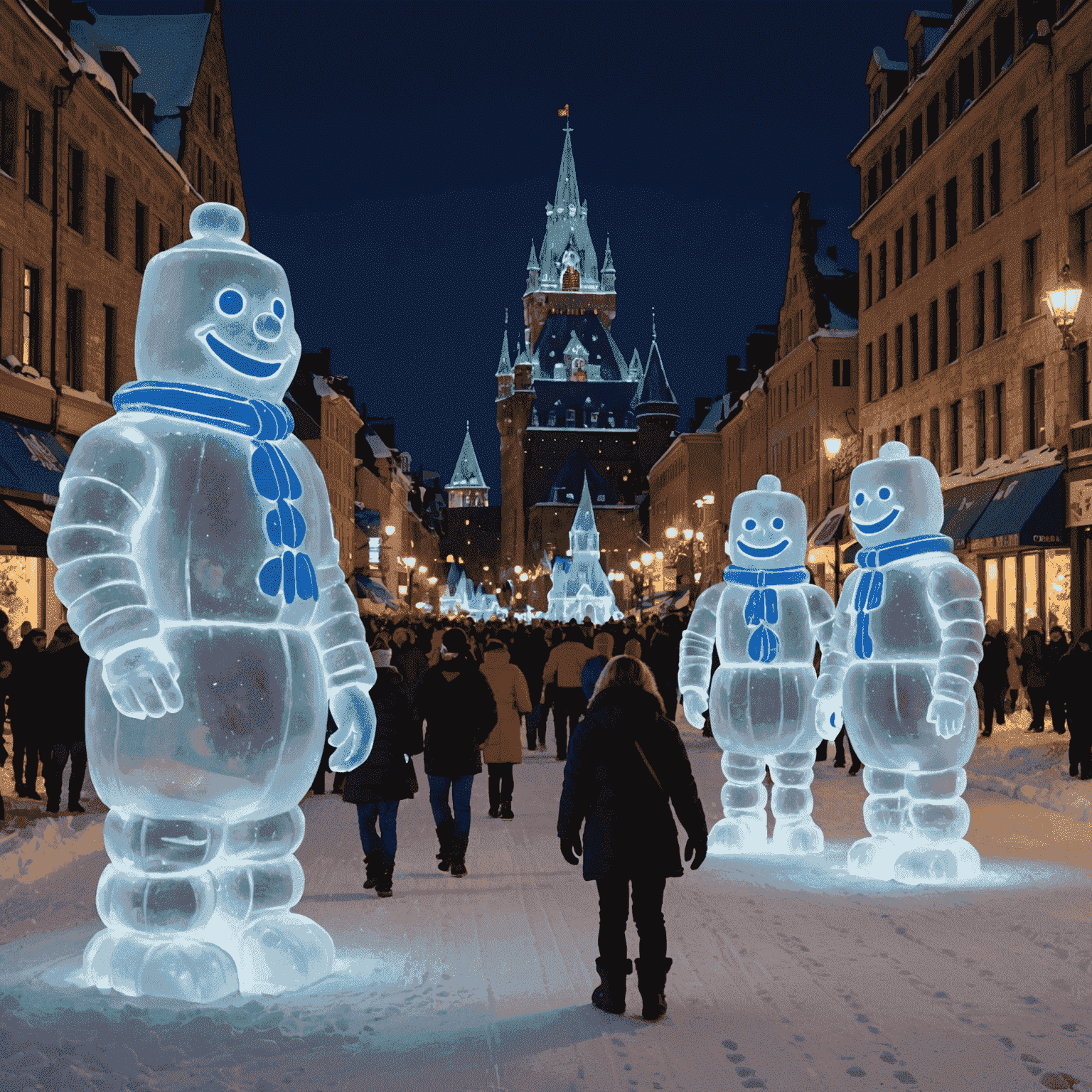 Ice sculptures and night parade at Québec Winter Carnival with Bonhomme Carnaval in the foreground