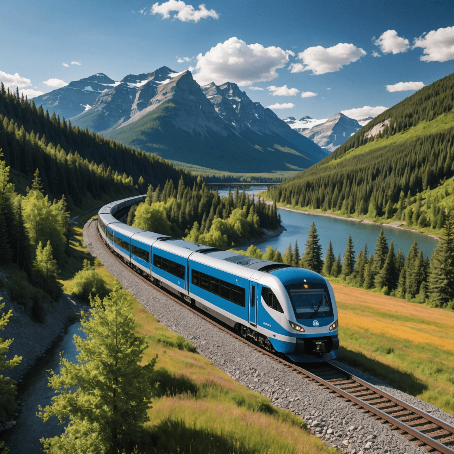 A modern electric train passing through a scenic Canadian landscape, representing eco-friendly transportation options