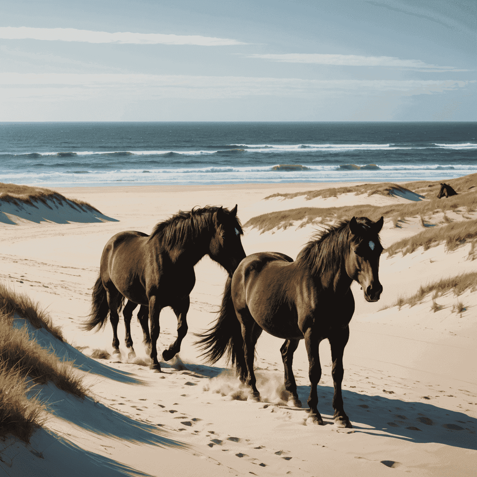 Wild horses roaming freely on the sandy beaches of Sable Island, with dunes and the Atlantic Ocean in the background