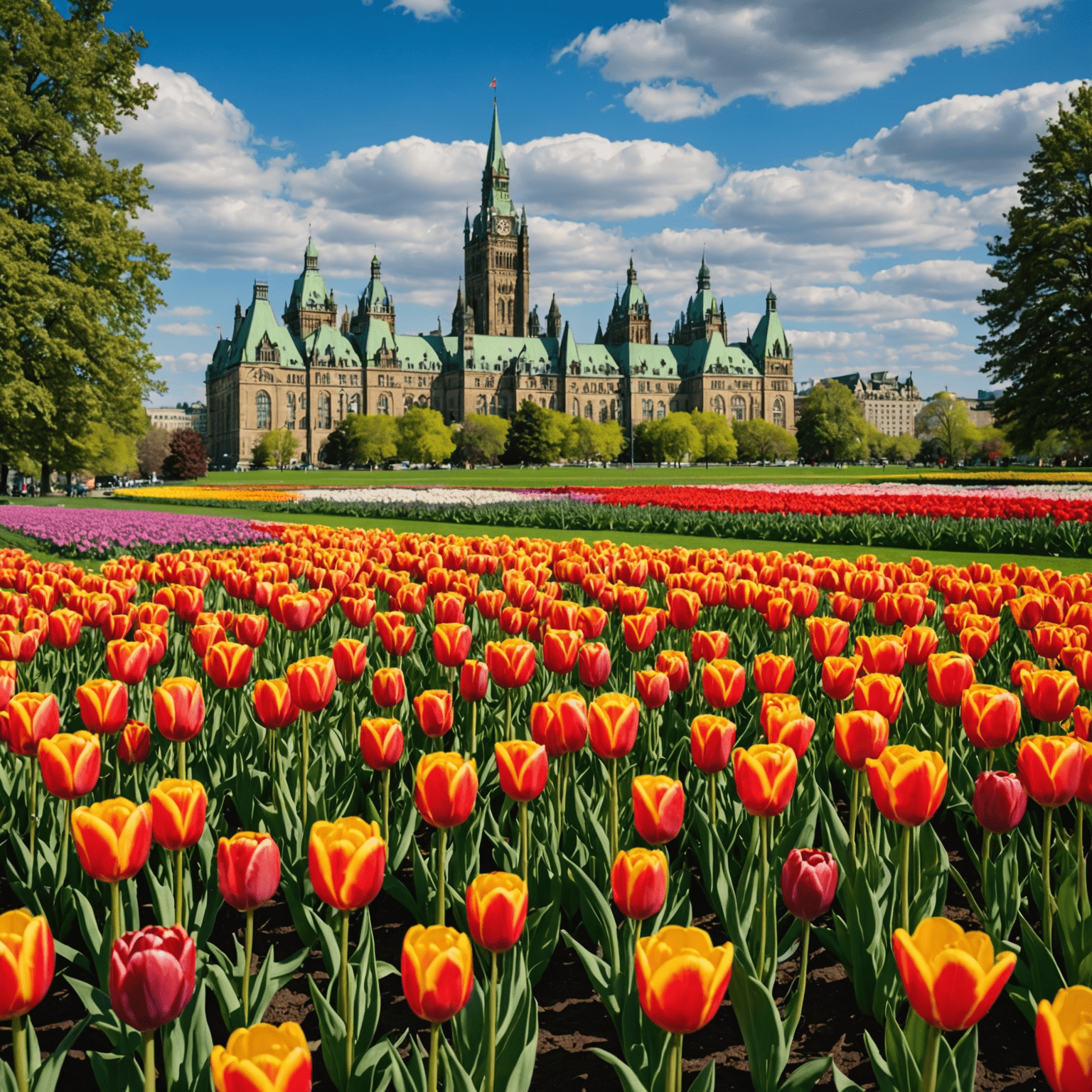 Vast fields of colorful tulips in bloom with the Parliament Buildings of Ottawa in the background