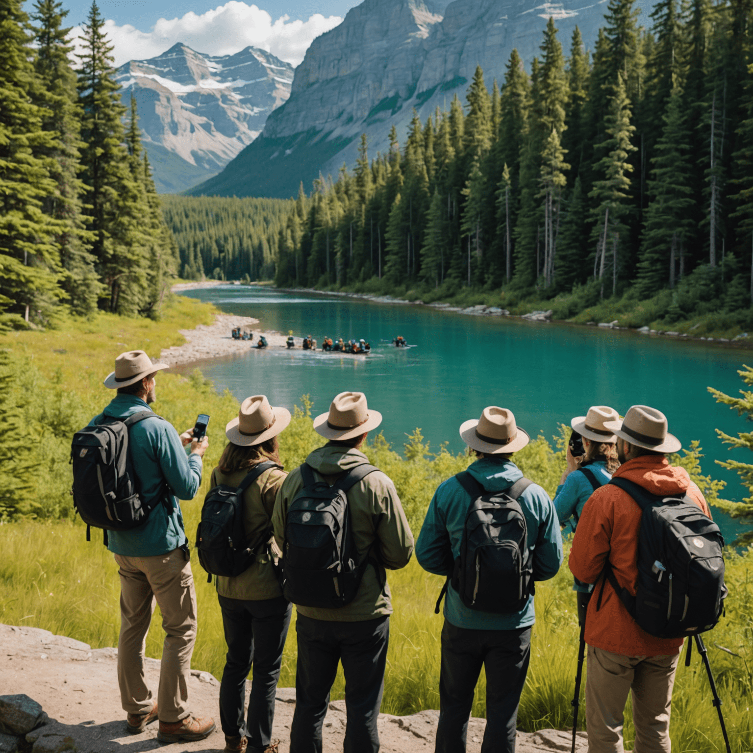 A group of eco-tourists observing wildlife from a safe distance in a Canadian national park, guided by a certified eco-friendly tour operator