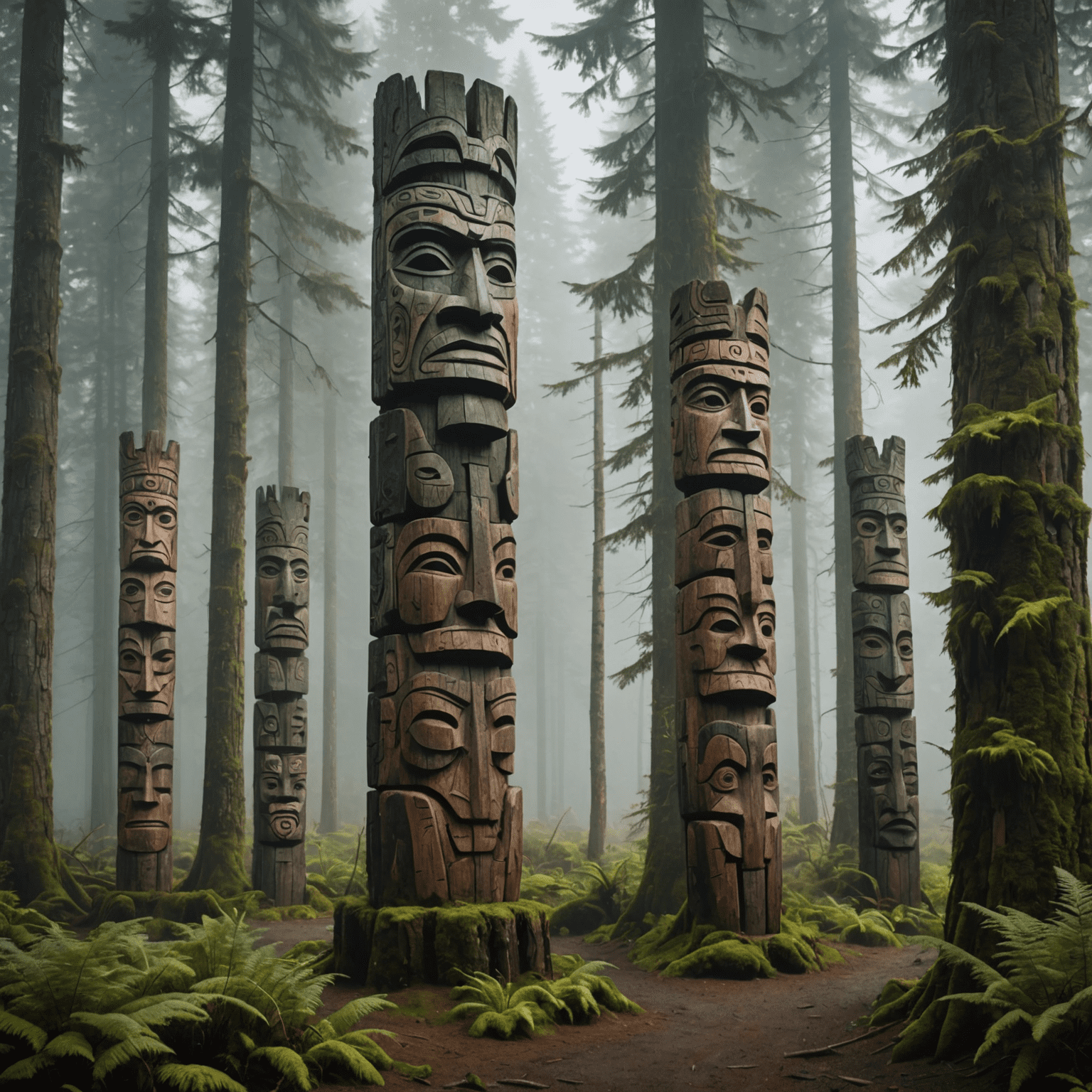 Ancient totem poles standing in a misty forest of Haida Gwaii, showcasing the rich indigenous culture and mystical atmosphere of the islands