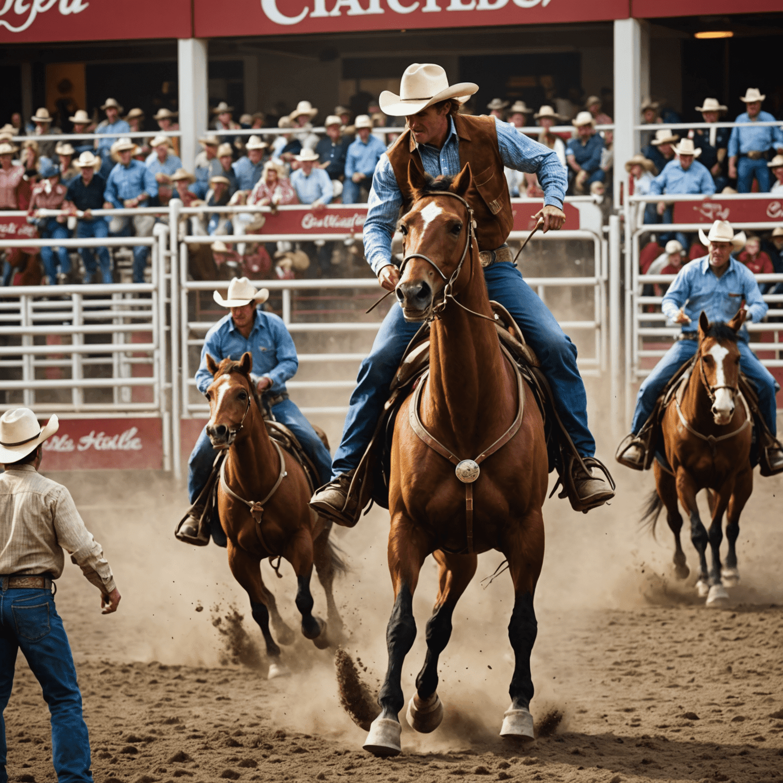 Exciting rodeo scene at the Calgary Stampede with cowboys, horses, and a cheering crowd