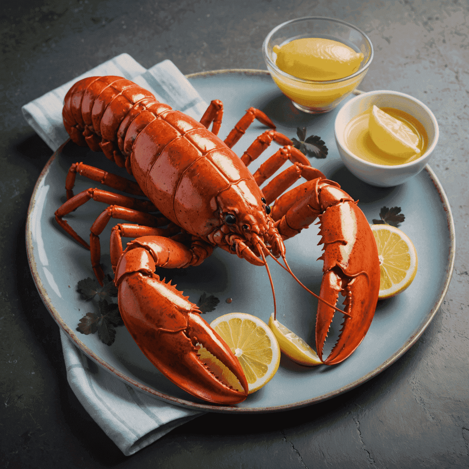 A freshly cooked Atlantic lobster served with melted butter and lemon