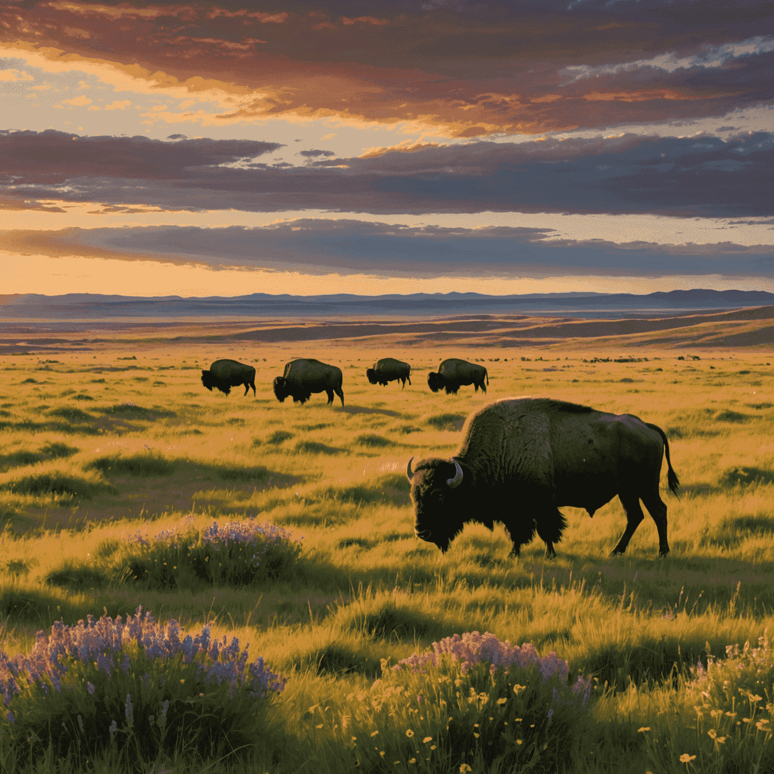 Vast prairie landscape of Grasslands National Park at sunset, with grazing bison silhouettes and colorful wildflowers in the foreground