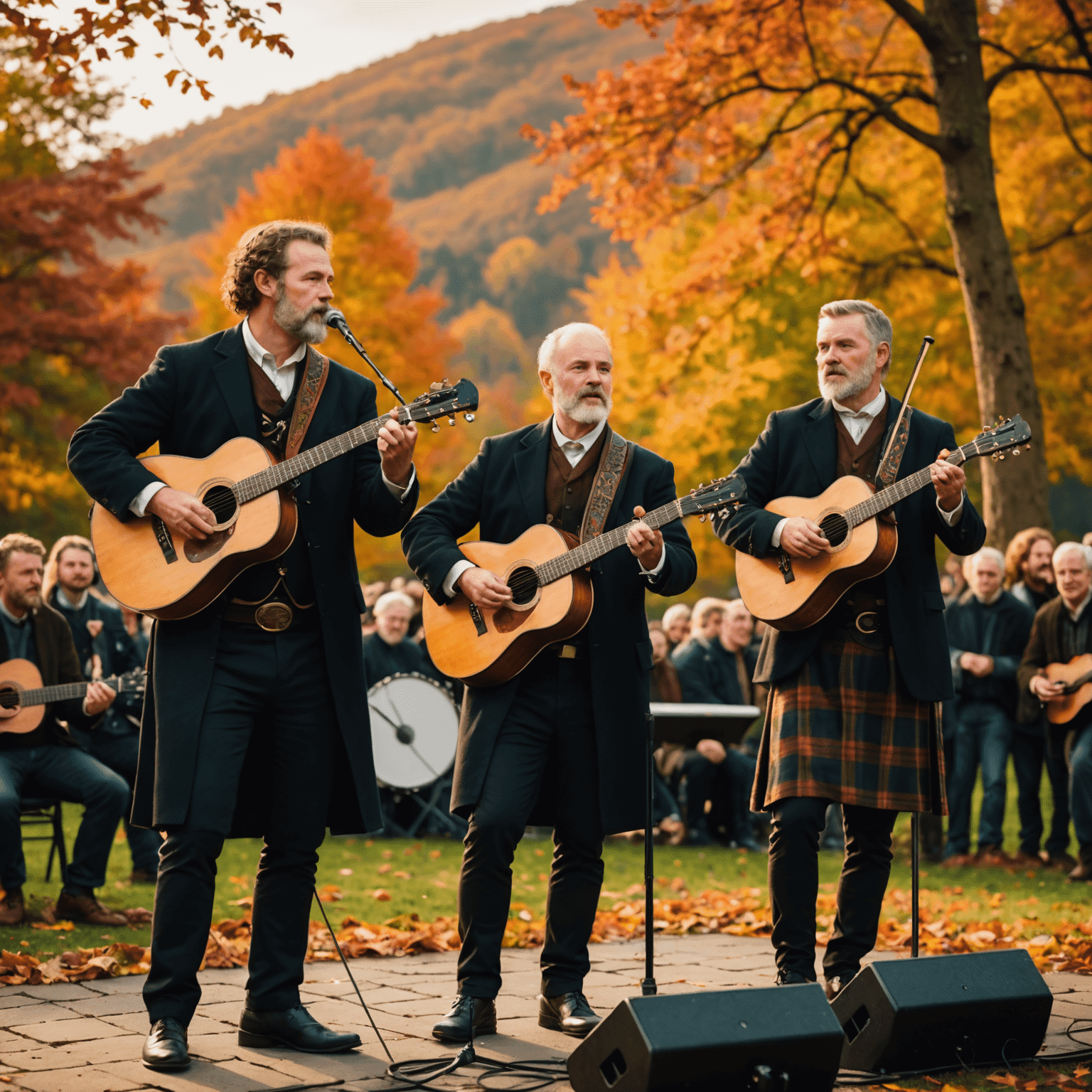 Traditional Celtic musicians performing on stage with vibrant autumn colors in the background