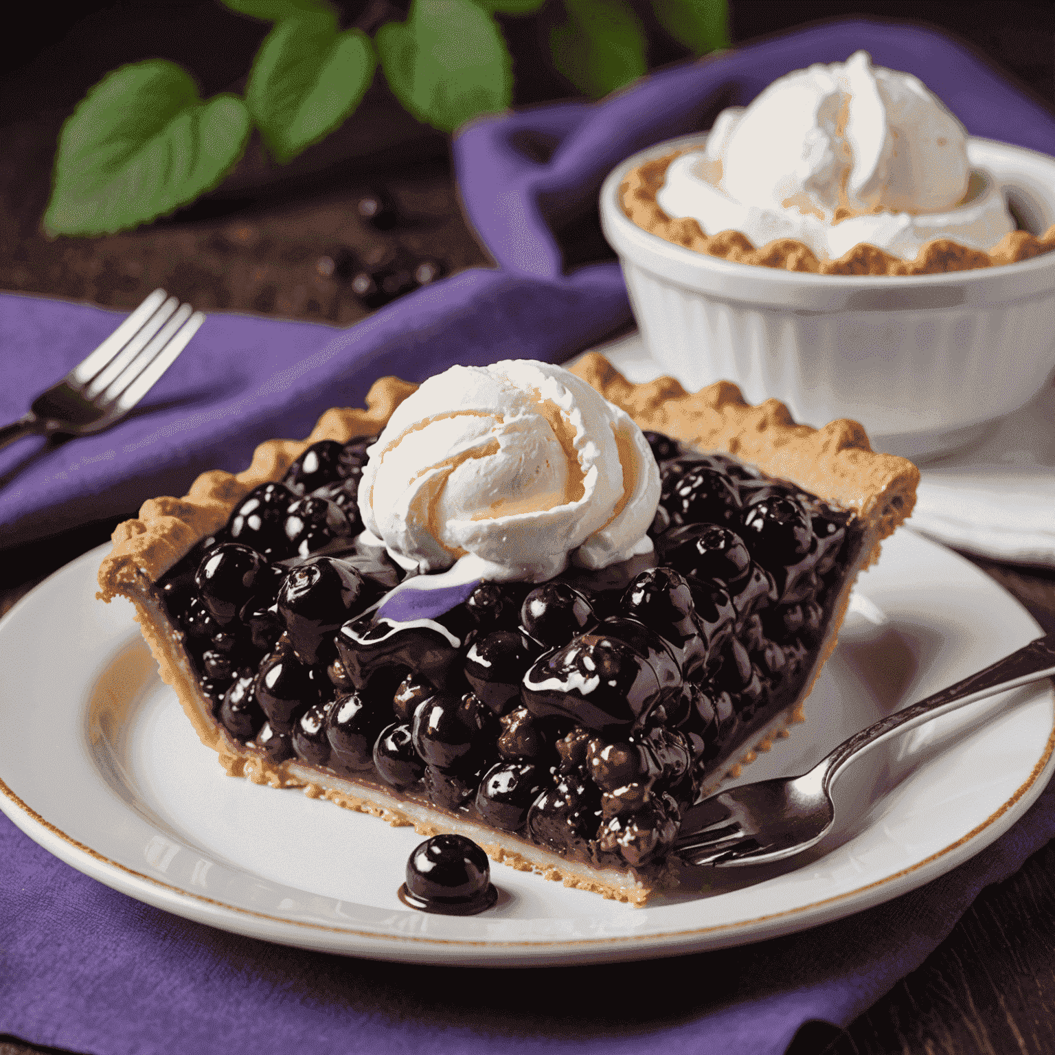 A slice of purple Saskatoon berry pie with a scoop of vanilla ice cream