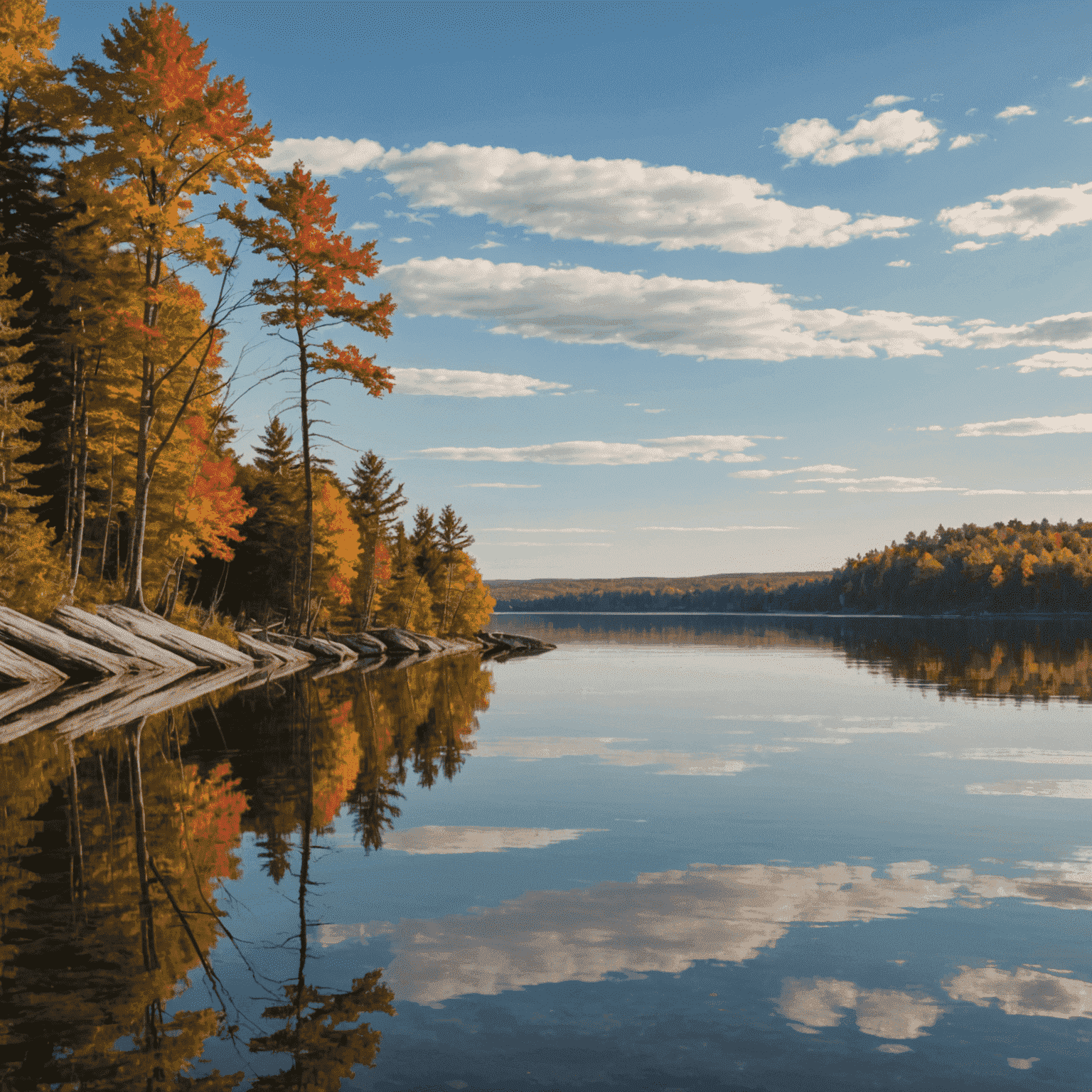 Scenic view of a calm lake on Manitoulin Island with fall foliage reflecting in the water and a traditional First Nations pow wow in the distance