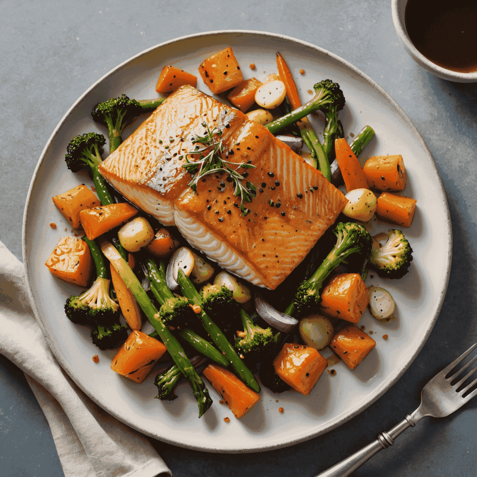 A fillet of pan-seared Arctic char with a crispy skin and colorful vegetables