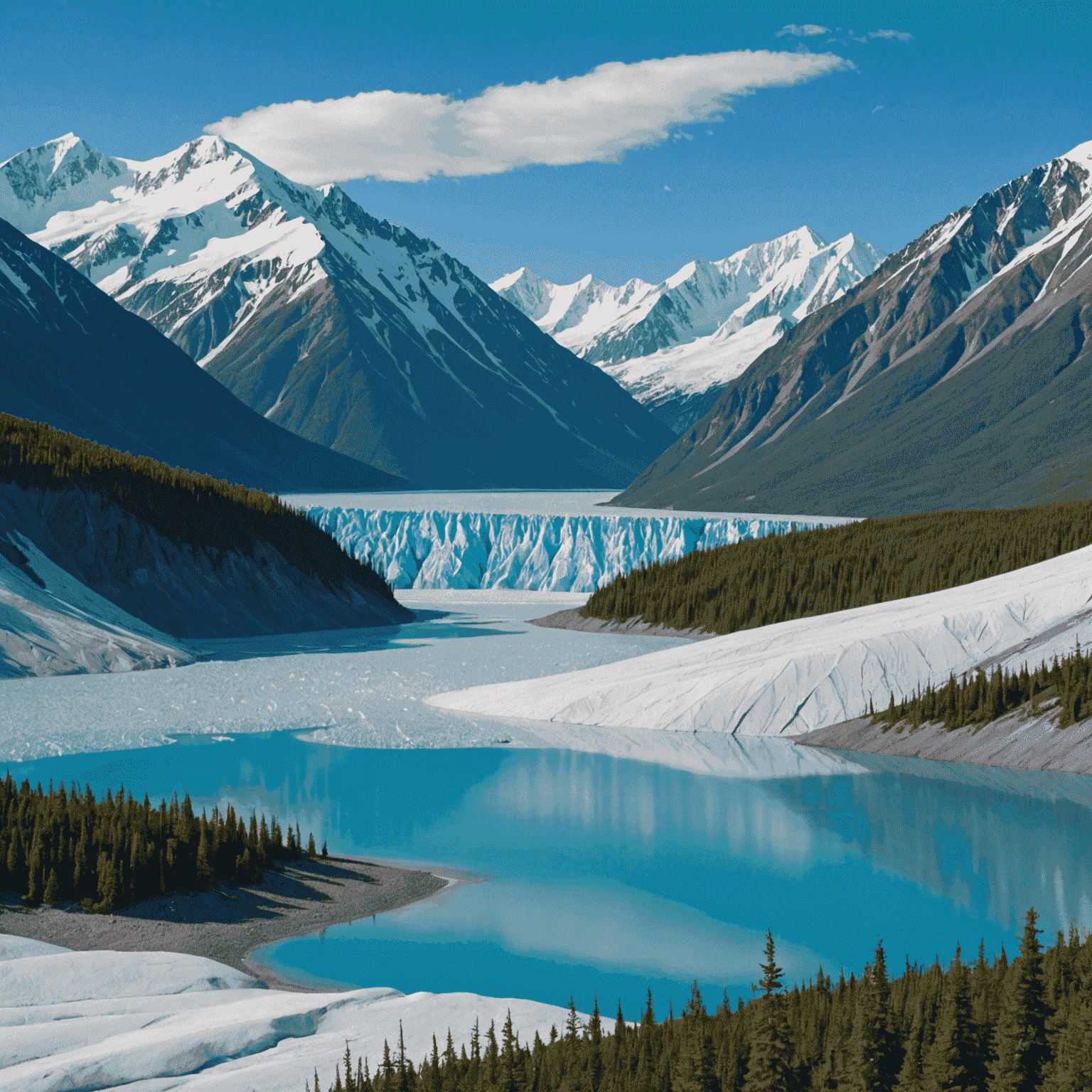 Majestic snow-capped peaks of Kluane National Park with a turquoise glacial lake in the foreground and a soaring eagle