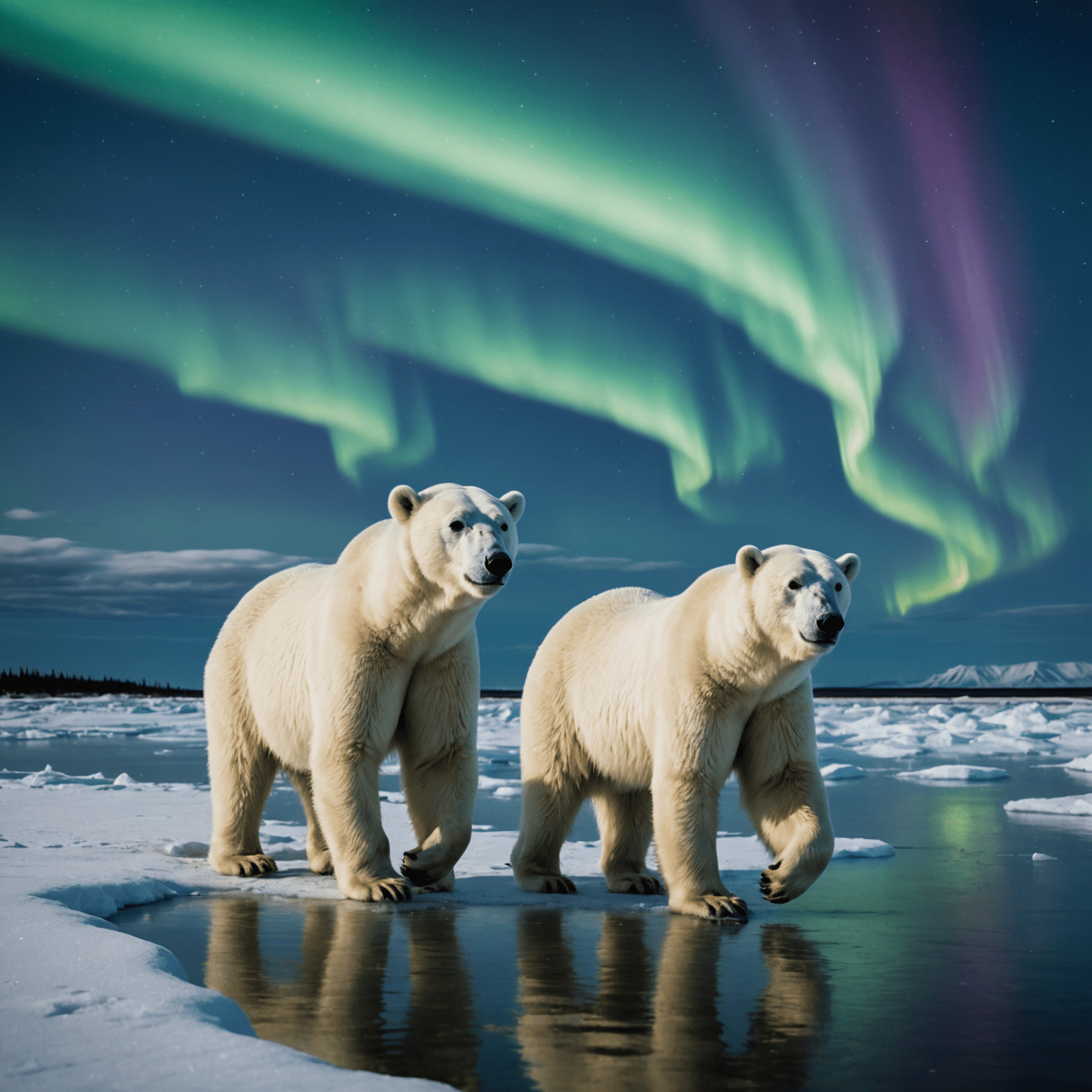 Polar bears walking along the shore of Hudson Bay near Churchill, with the Northern Lights dancing in the sky above