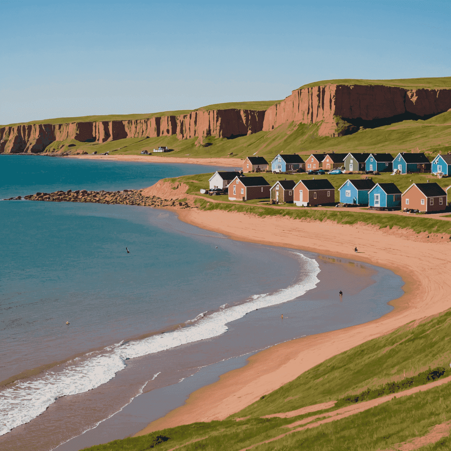 Colorful houses lining the beach of Îles de la Madeleine, with red sandstone cliffs and kitesurfers in the distance